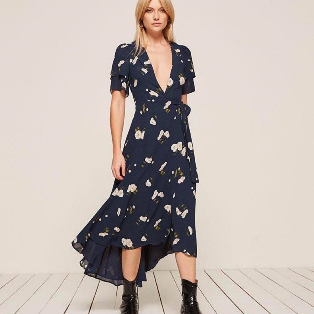 Reformation Navy Floral High-Low Wrap Dress